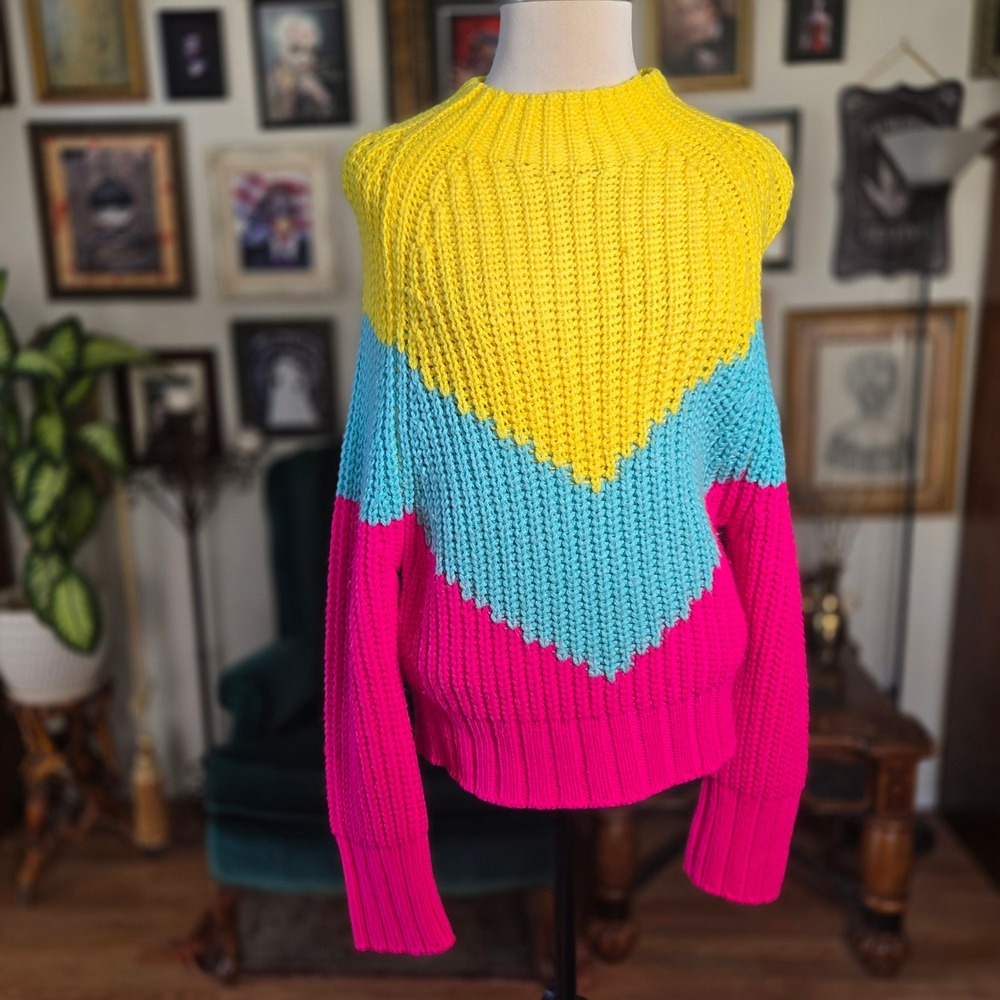 Essentiel Antwerp Wavinci Sweater Pink Yellow Blue Colorblock Chunky Knit Small